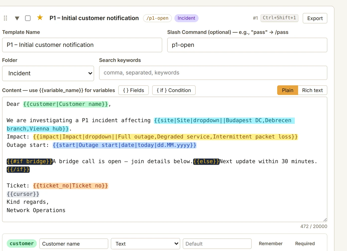 A template in the editor: every placeholder has its own colour
