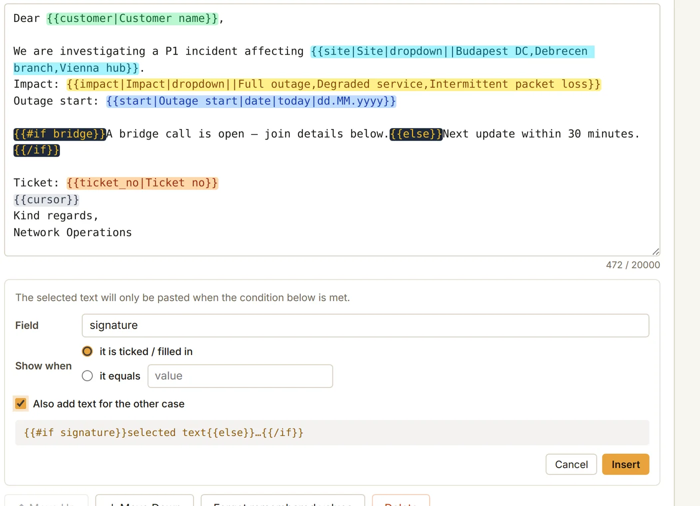 The condition builder: field, when to show, an optional other case and a live preview