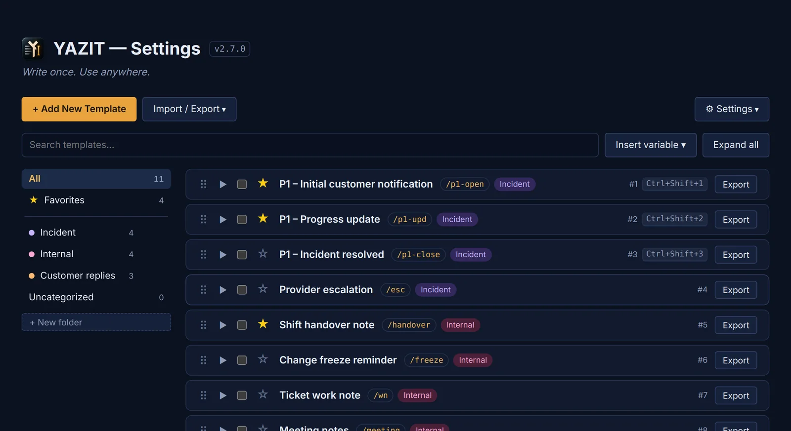 The settings page in the dark theme