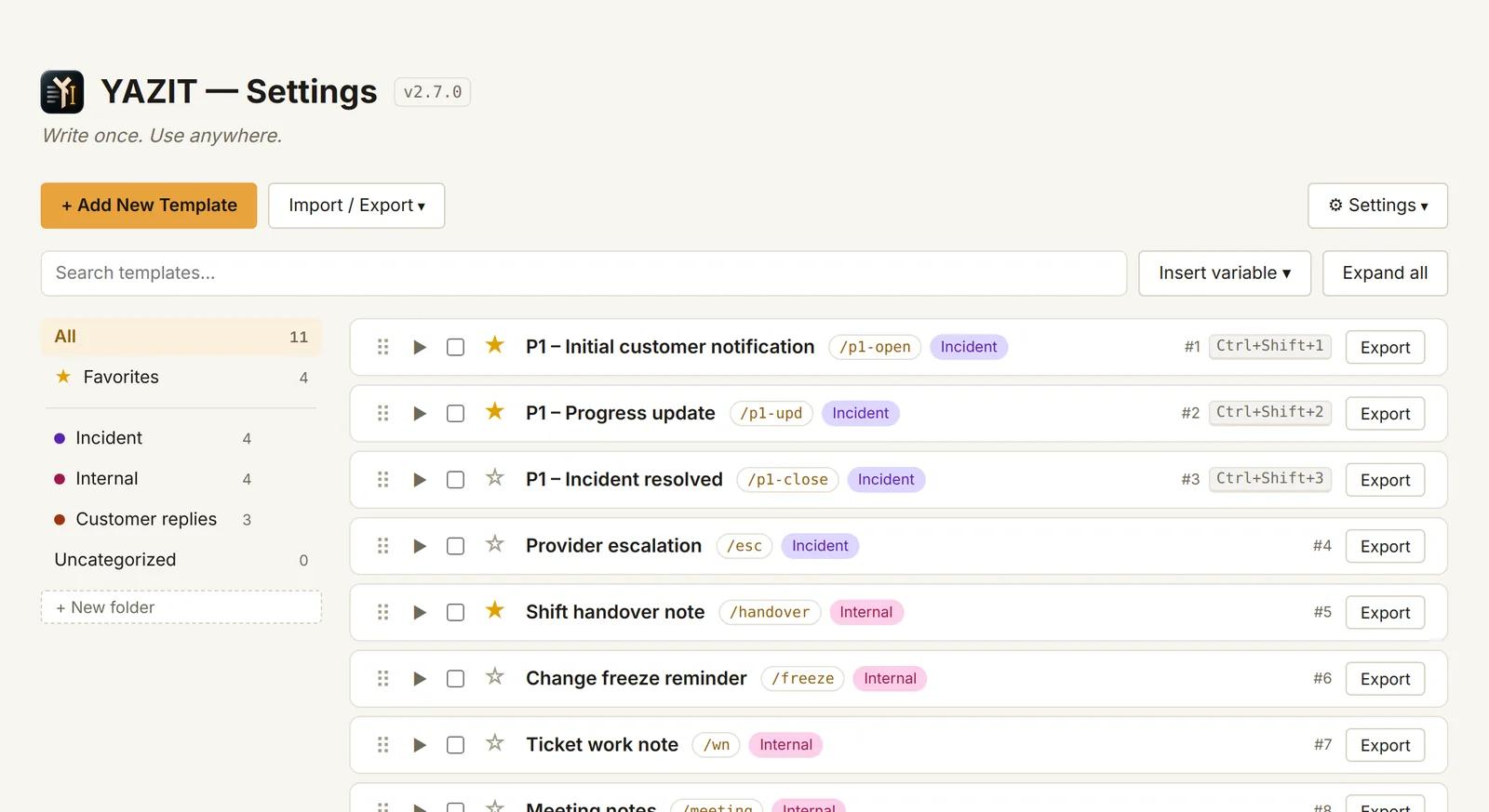 The settings page: colour-coded folders, favorites and a collapsed template list