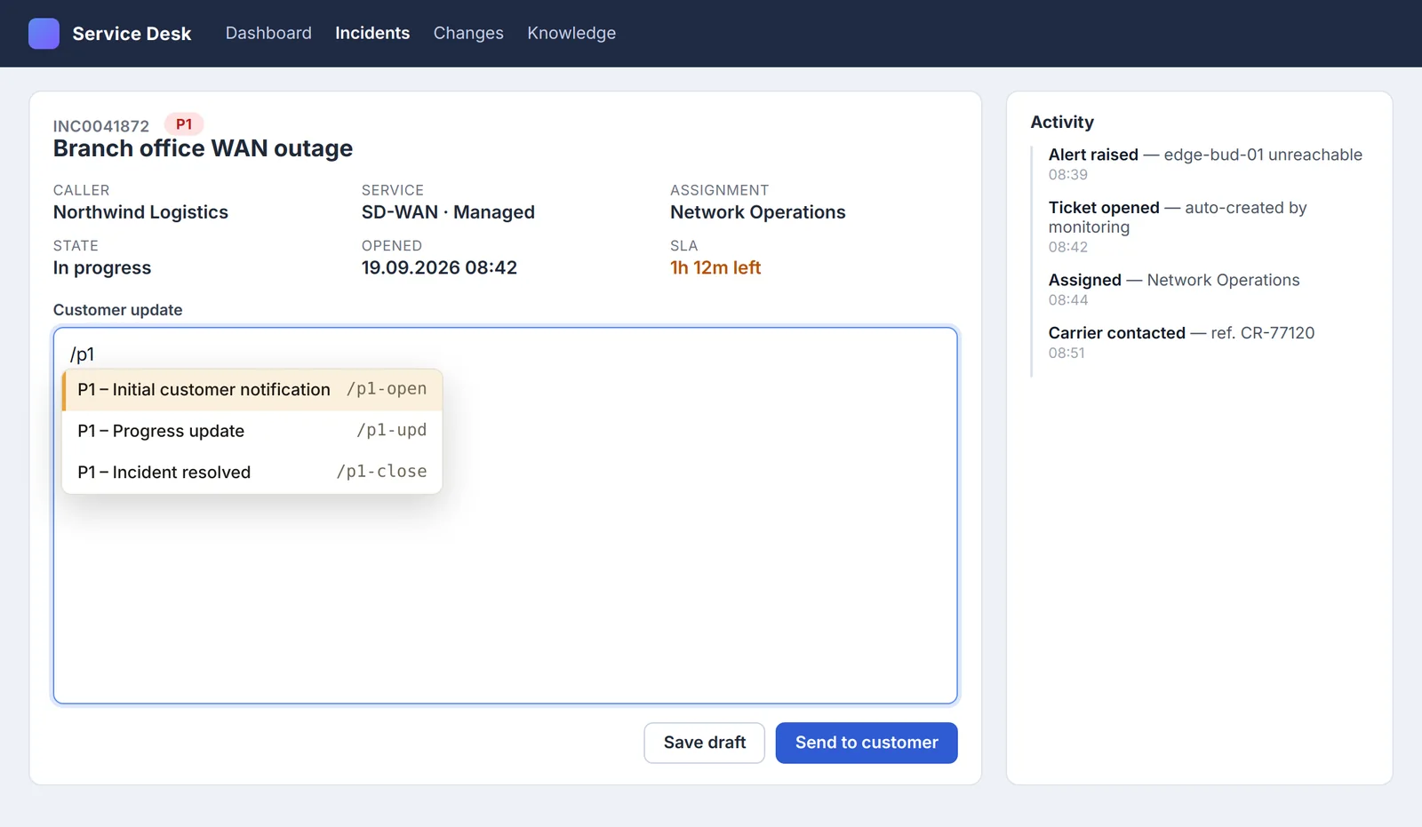Typing /p1 in a ticket field opens YAZIT's autocomplete with three matching templates