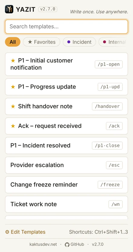 The YAZIT popup: search box, folder filters and favorite templates