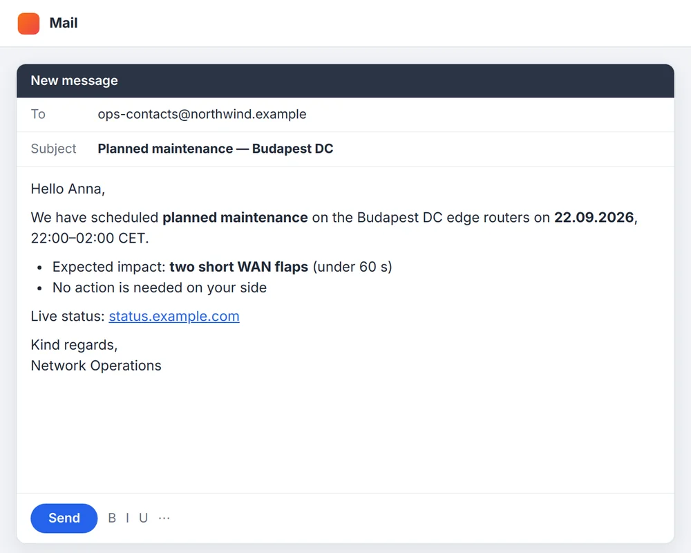 The same template pasted into a mail editor, formatting intact