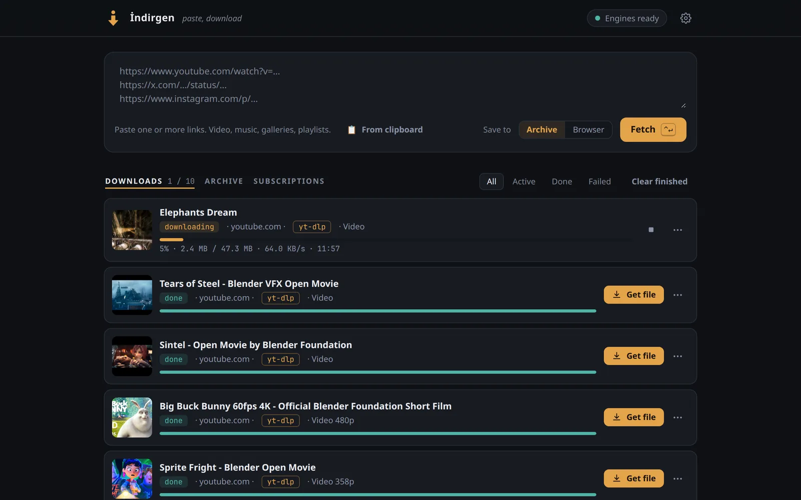 The download list: Elephants Dream downloading with its speed and time left, Tears of Steel, Sintel, Big Buck Bunny and other Blender open movies finished below.