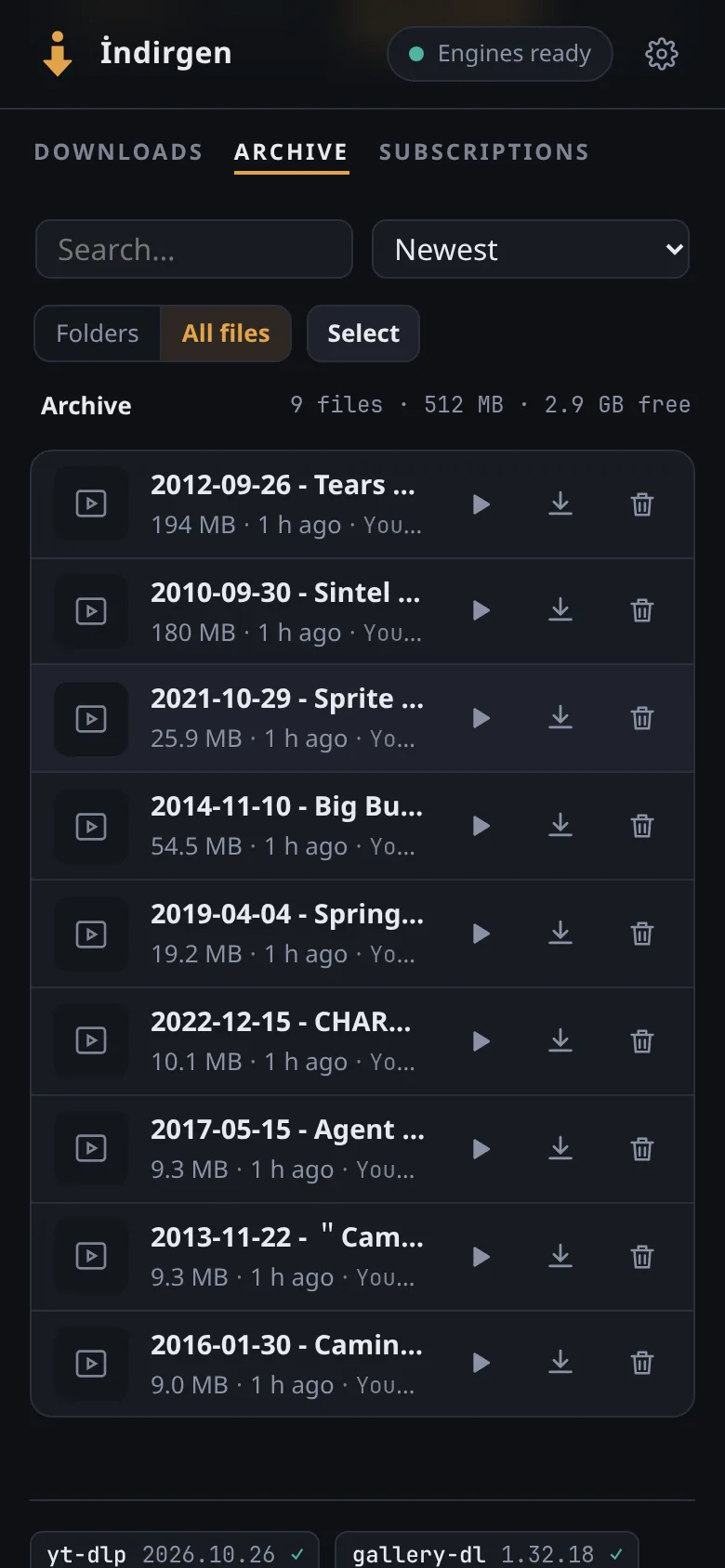İndirgen on a phone: the archive with search, sorting and nine films, each with play, download and delete buttons.