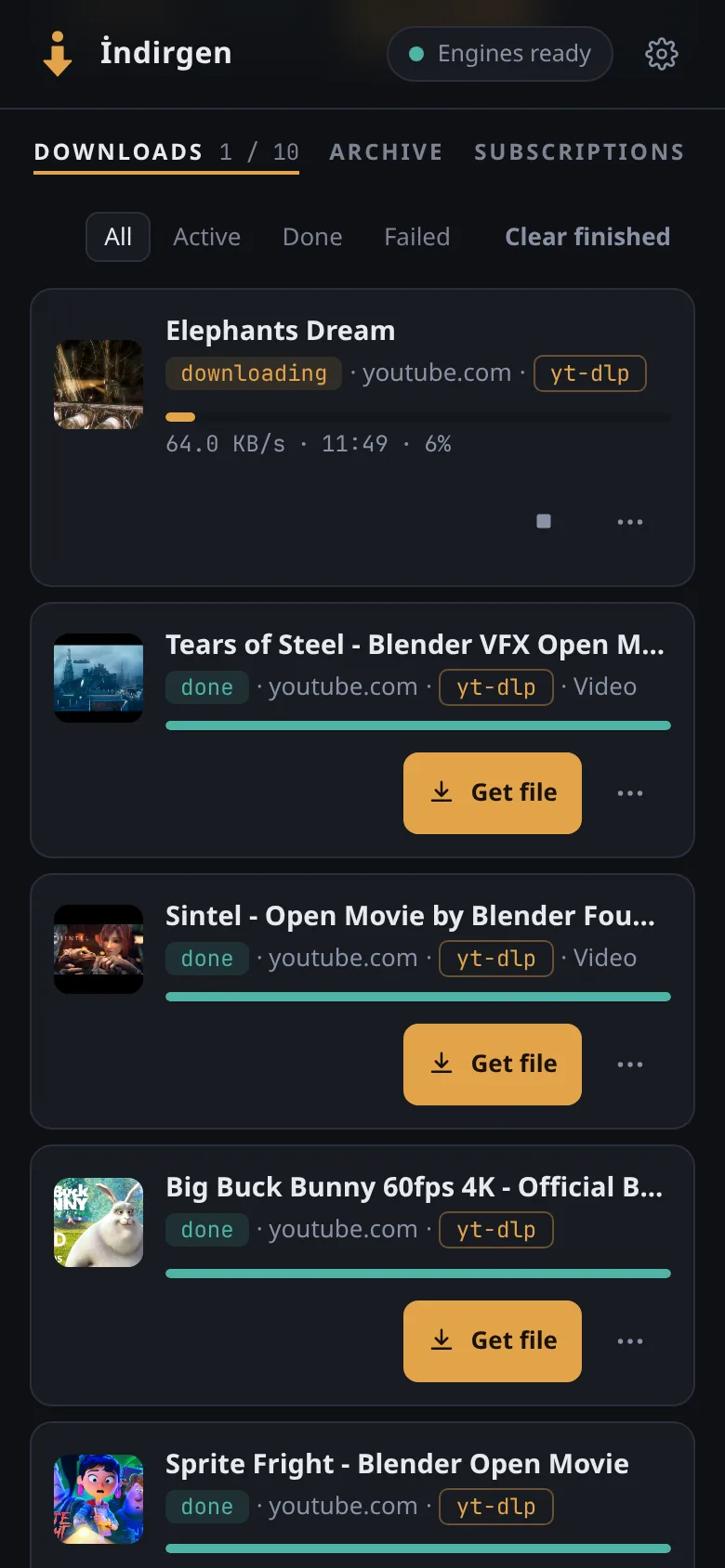 İndirgen on a phone: the download list with Elephants Dream in progress and finished films below.