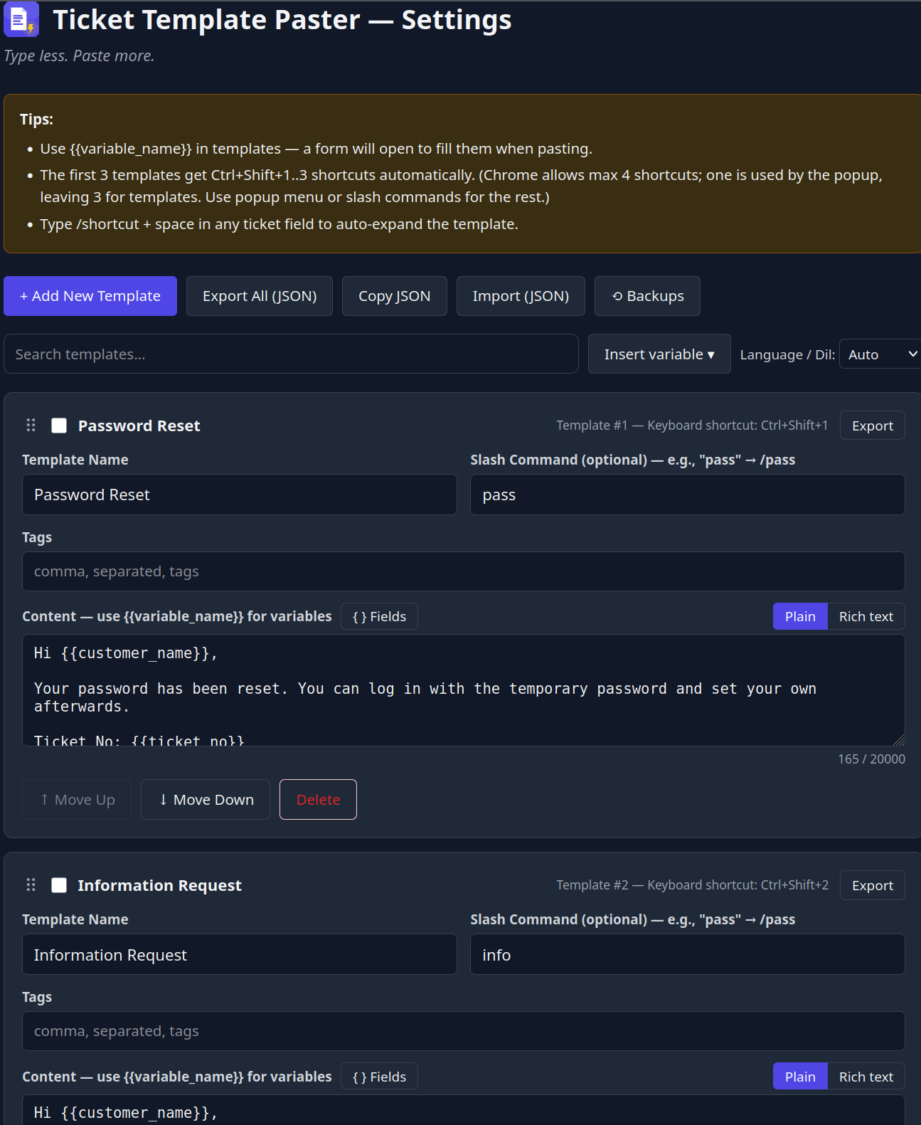 TypeLess options page
